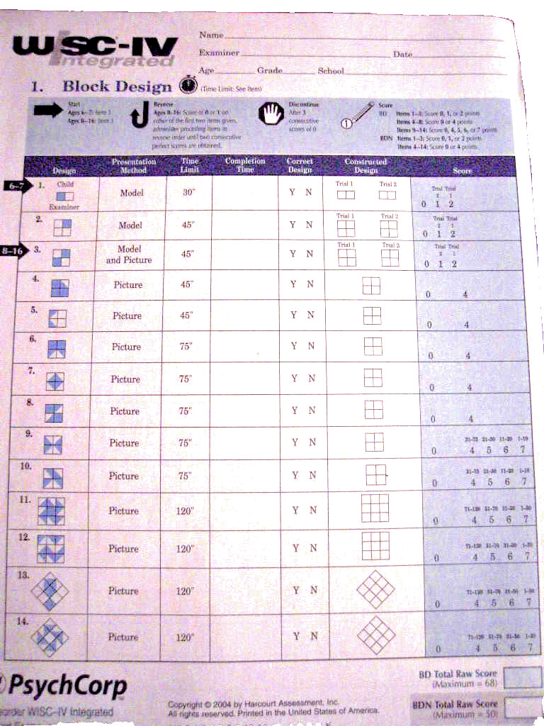 WISC-IV Integrated Block Design Record Forms