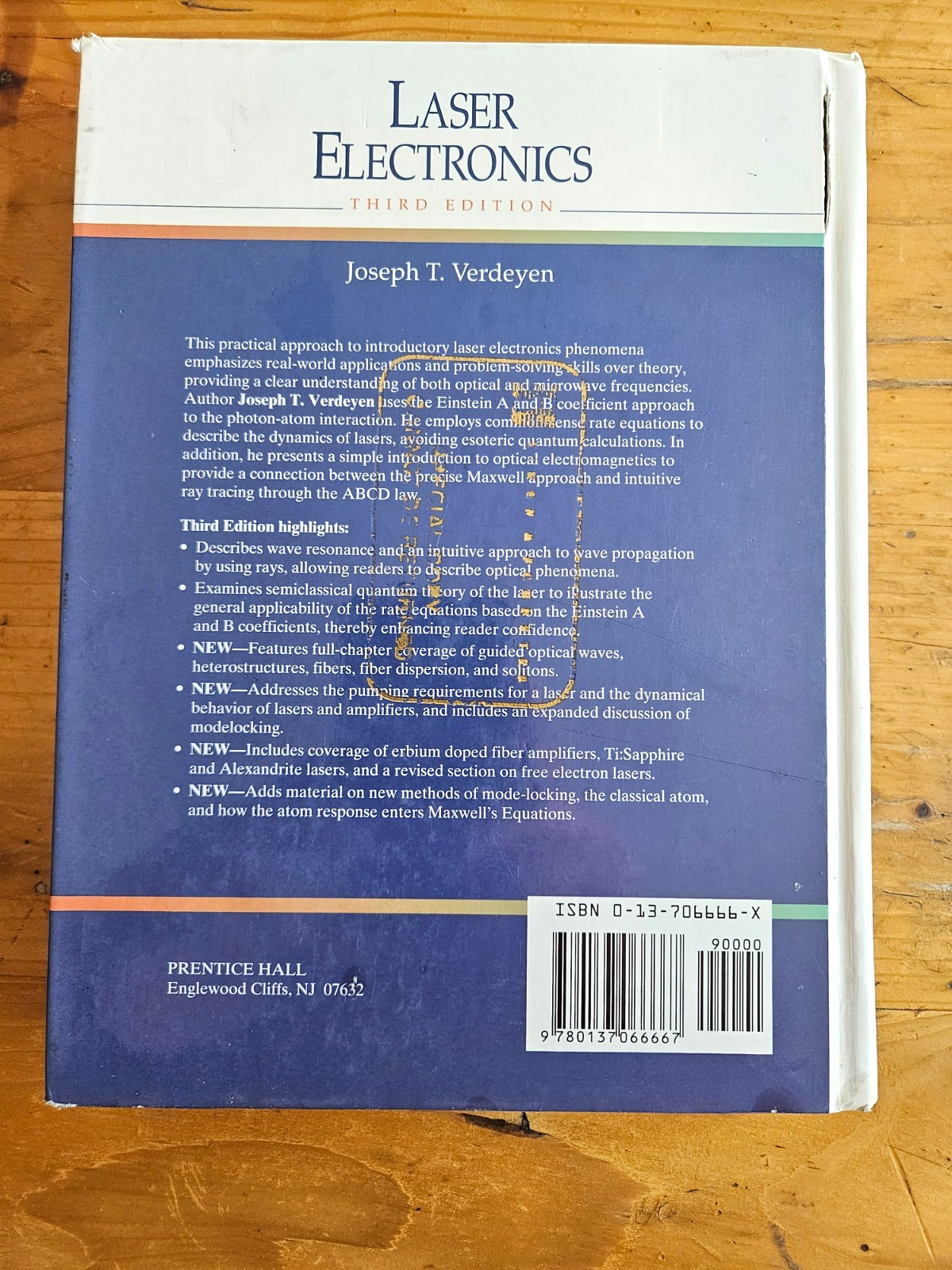 Laser Electronics by Joseph Verdeyen HC, Clean, No page marking/highlighting
