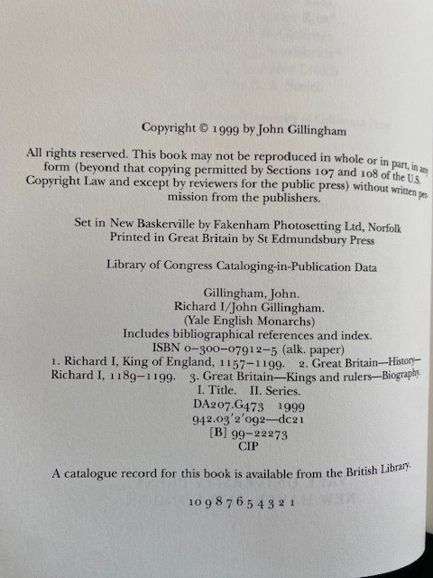 Richard I by John Gillingham (1999, Hardcover) First Edition HC DJ