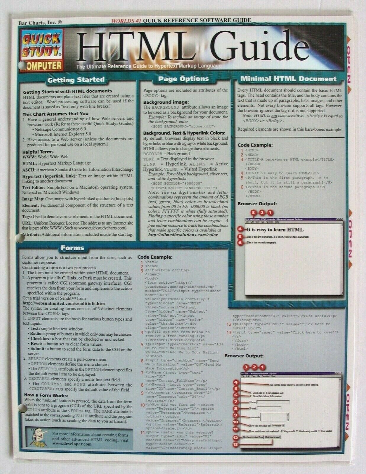Vintage 2001 Quick Study Computer HTML Guide Code Tags Meta Hyperlinks JPEG GIF