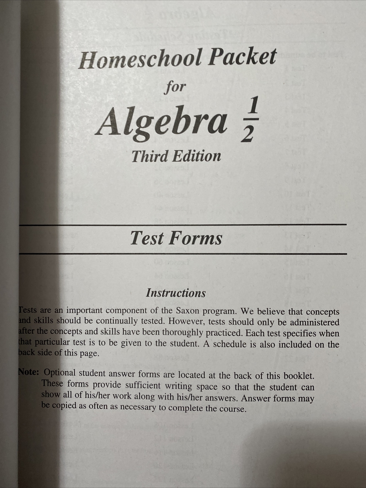 saxon algebra 1/2 (3rd edition) Answer Key & Test forms (BRAND NEW)