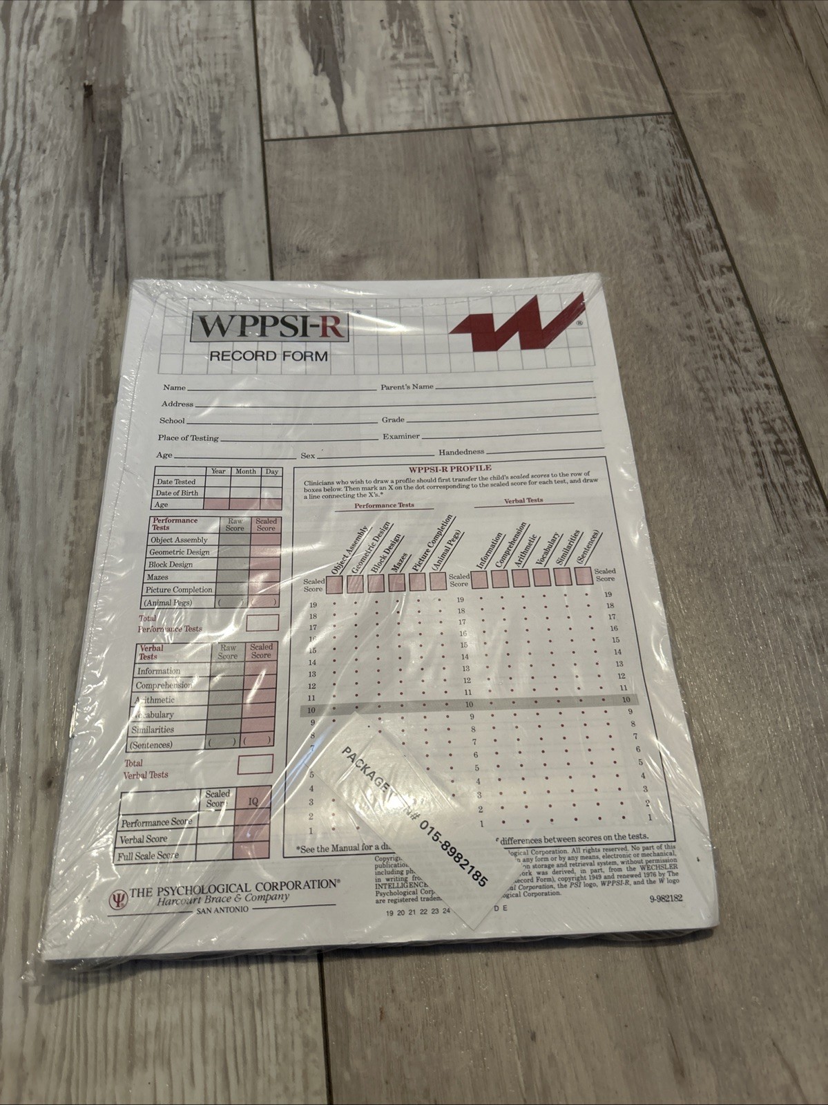 Wechsler Preschool & Primary Scale of Intelligence WPPSI-R Record Forms New (25)