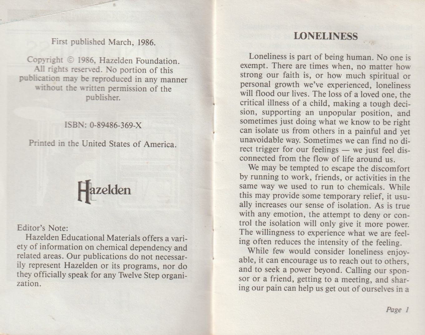 Pocket Power Series: Loneliness by Hazelden (1986) Alcoholics Anonymous